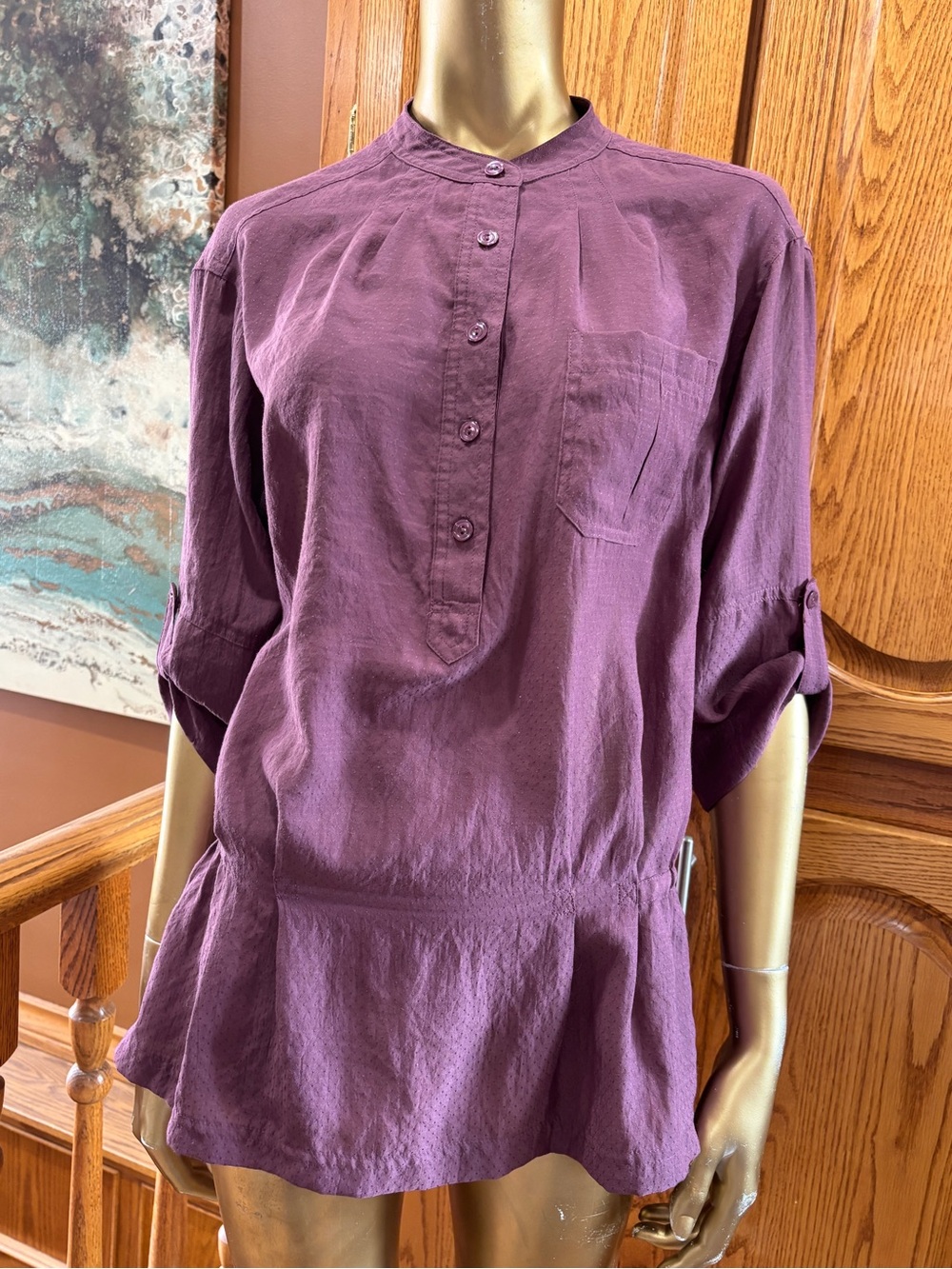 Fossil Plum Button-Front Peplum Tunic